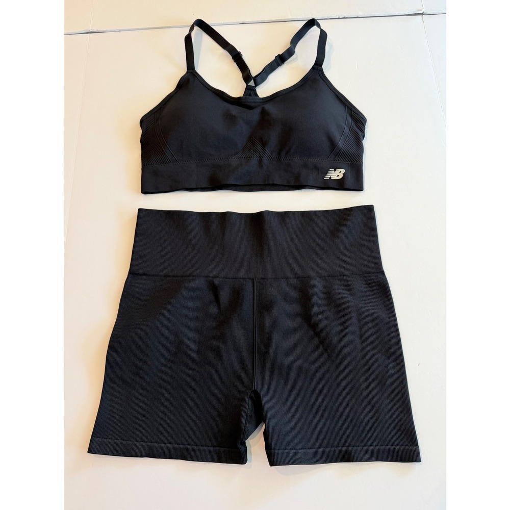 New Balance Womens XL Black Ribbed Seamless Sports Bra and Biker Shorts Set